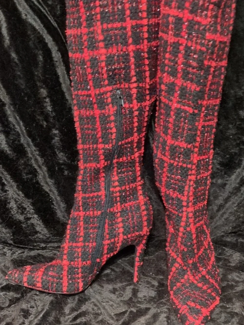 Rumbidzo Red & Black Plaid Over-the-Knee Stiletto Boots - Women
